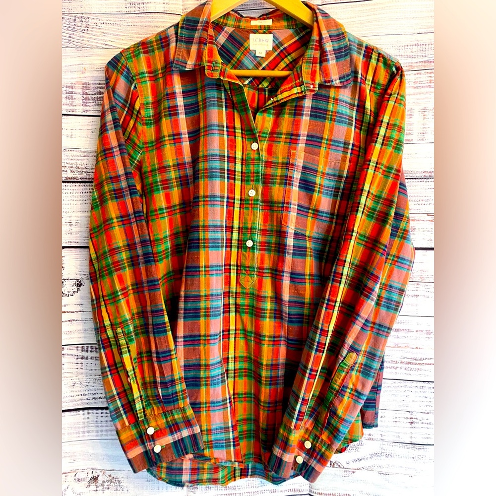 J. Crew boy-fit, 1/2 button-down, multicolor plaid blouse.
